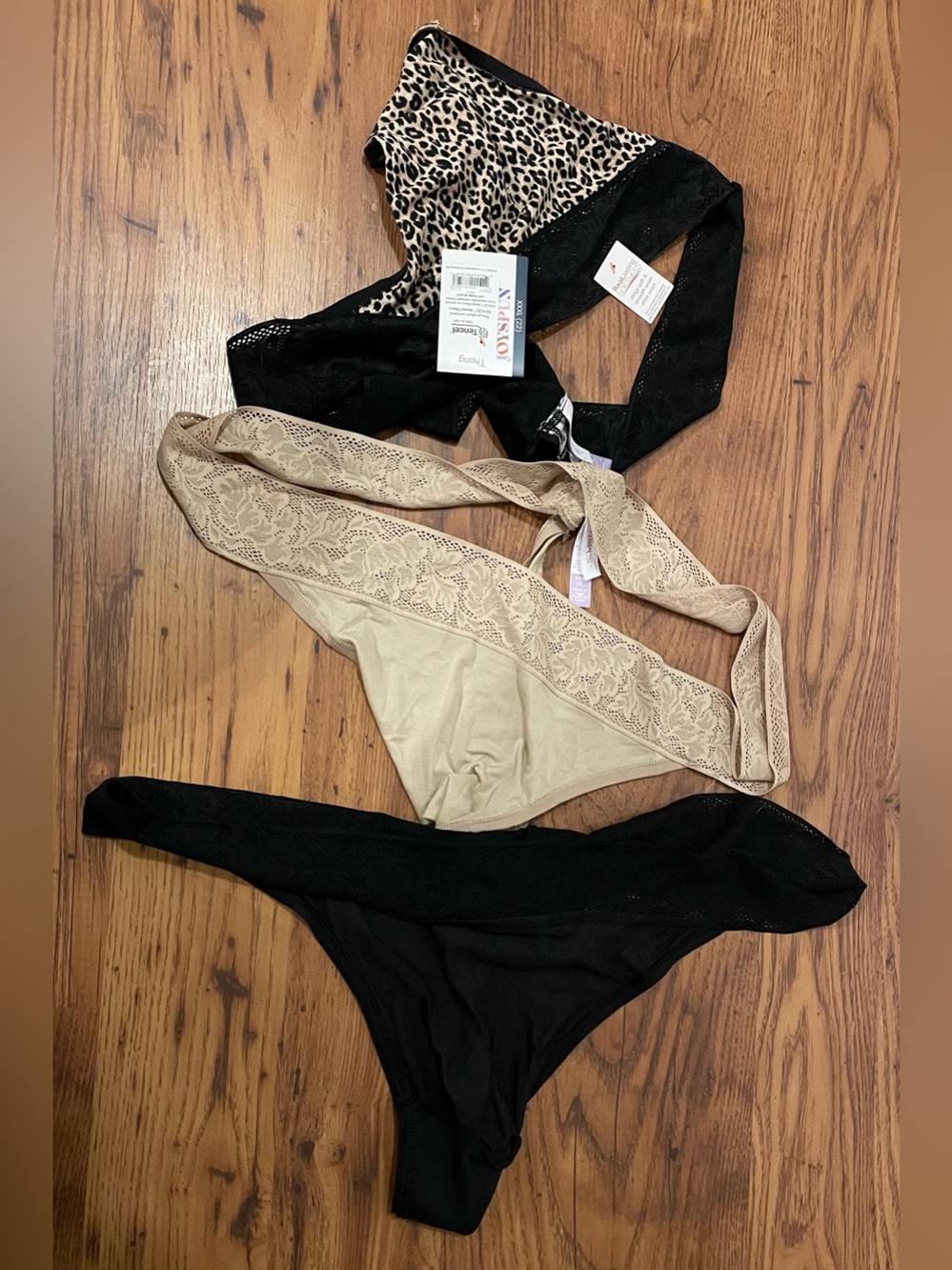 Women’s Lace-Trim Thong Panty Set - Black, Beige, Leopard